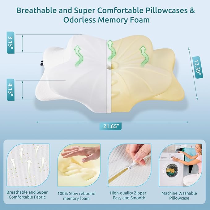 DONAMA Cervical Pillow for Neck and Shoulder Pain Relief, Cooling Contour Memory Foam Pillow, Ergonomic Neck Support Pillow for Side Back Stomach Sleepers with Removable Pillowcase Pure White