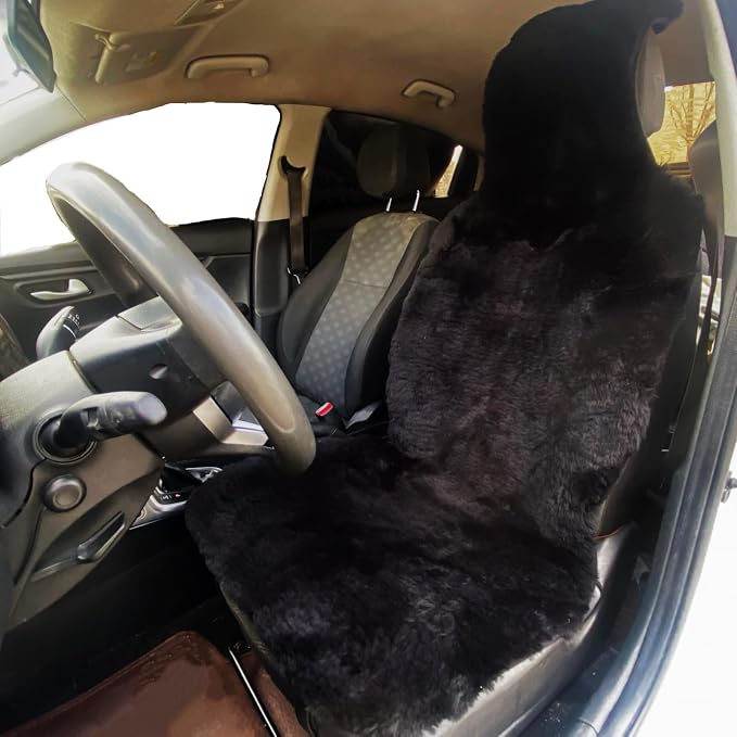 Genuine Fluffy Sheepskin car seat Covers, Black Merino Wool seat Cover for Front seat of SUV Truck Sedan Minivan