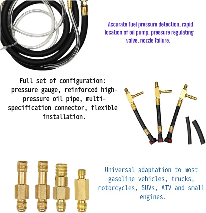 Fuel Injection Pressure Tester Kit 0-140 PSI, Pro Fuel Pressure Gauge with 3 Sizes Fuel Line Fittings (6.30mm/7.89mm/9.49mm) for Car, Truck, Motorcycle
