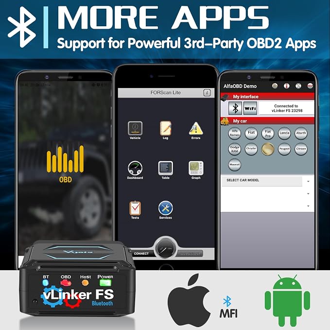 Vgate vLinker FS Bluetooth OBD2 Diagnostic Scan Tool, OBDII Car Code Reader for iOS, Android & Windows | OBDII Car Code Reader, iOS Compatible, Android Compatible, Windows Compatible