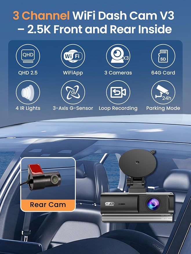 3 Channel Dash Cam Front and Rear Inside,2.5K+1080P+1080P Dash Camera for Cars,Free 64GB Card,Dashcam with WiFi,APP Control,Parking Monitor,Night Vision,Loop Recording