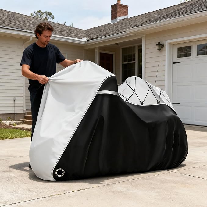 COVERVIN Motorcycle Cover with Side+Top Box Heavy Duty 420D Waterproof for Harley Davidson Ultra Ltd, Road Glide Ltd, Honda Gold Wing, Road Master, Indian, Indoor & Outdoor Storage (Black&Silver)