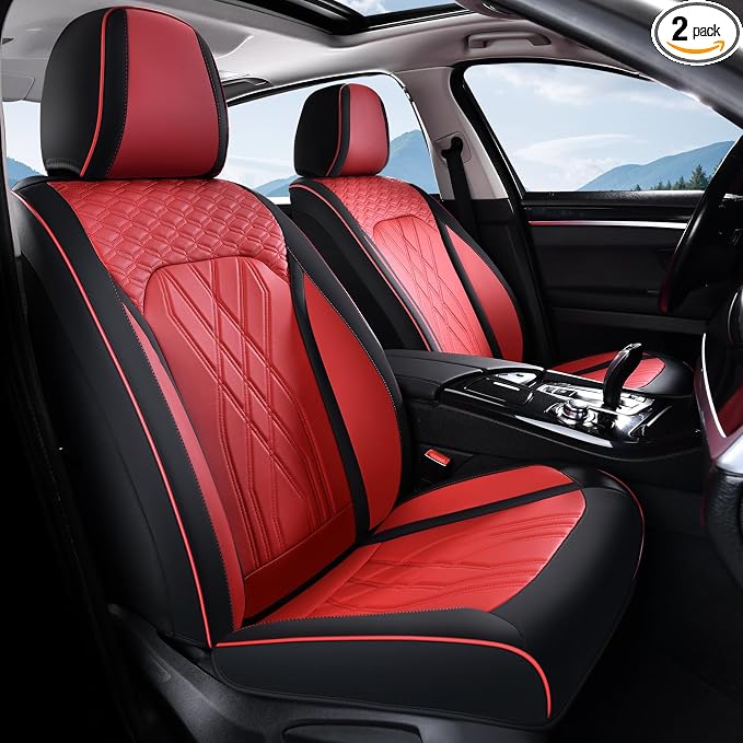 FLORICH Leather Front Seat Covers Red Car Seat Cover Breathable Waterproof Seat Cover for Cars Automotive Seat Covers 2 Front Seats Protector Universal Fit for Most Car Truck SUV, Black&Red