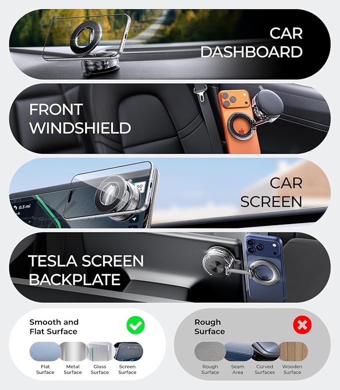 Meifigno Fits 360 ° Rotating Magsafe Car Mount for Tesla, [All-Metal & Upgraded Suction],Vacuum Magnetic Phone Holders for Your Car, Tesla Screen/Windshield/Dashboard Mount for iPhone Android