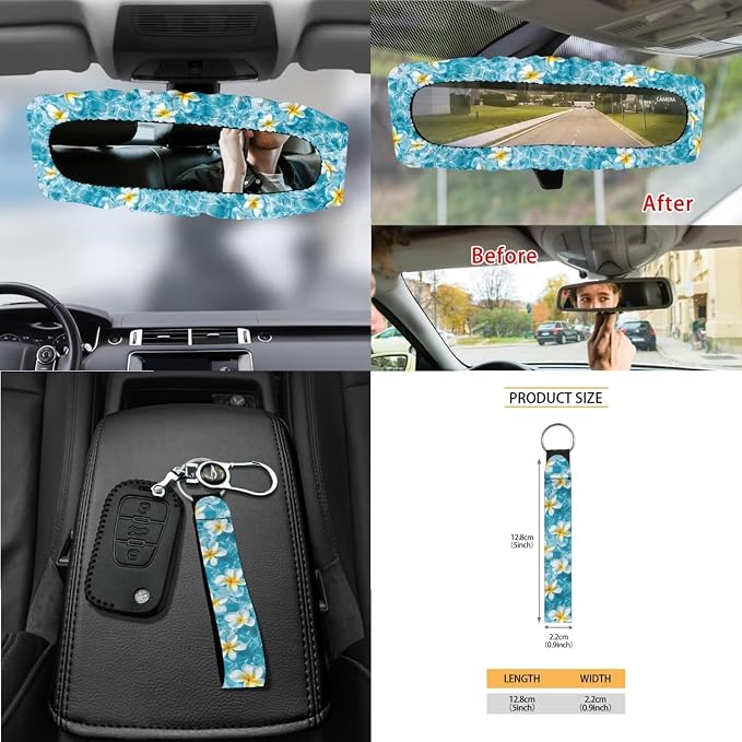 Sea Plumeria Starfish Shell Pattern Auto Accessories Set of 15, Car Seat Covers Steering Wheel Cover Seat Belt Cover Air Vent Storage Bag Keychain Trash Bin and Mirror Cover