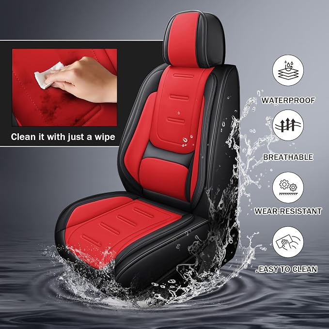 otoez Nappa Leather Car Seat Covers Full Set, Breathable Leather Automotive Seat Covers Front & Rear Seat Protectors with Lumbar Support, Universal Fit for Most 5 Seats Cars SUV Truck Sedan(Black+Red)