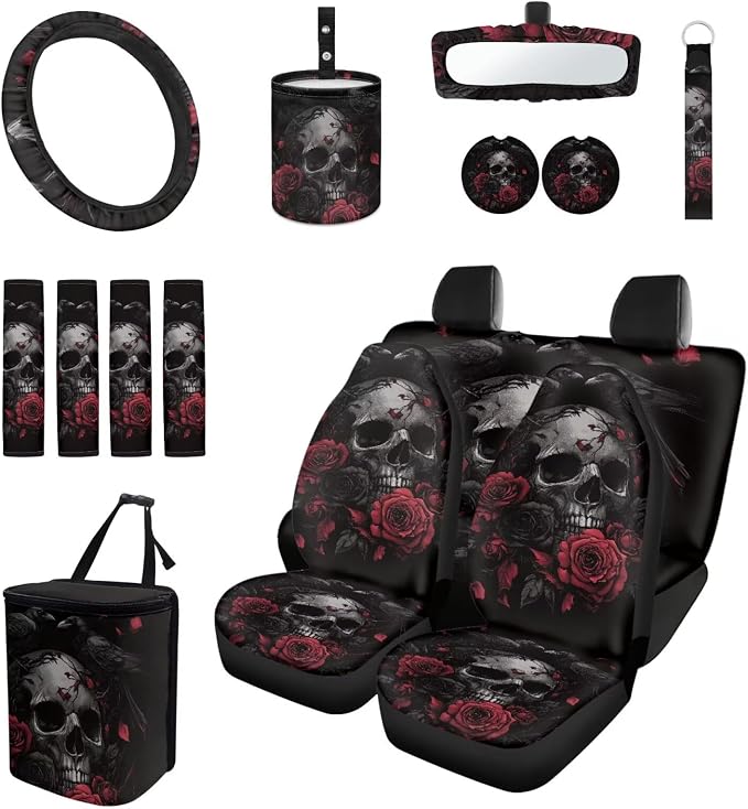 15Pcs Rose Raven Skull Car Seat Cover Full Set for Women with Car Steering Wheel Cover Seat Belt Cover Trash Bin Front Rear View Mirror Car Cup Holder Keychain