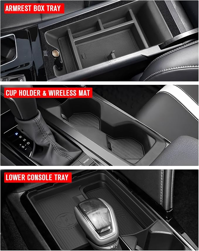 for 4PCS Center Console Armrest Organizer&Wireless Charger Mat&Console Tray&Water Cup Holder Insert ABS Materials Compatible with 2025-2026 Toyota Camry