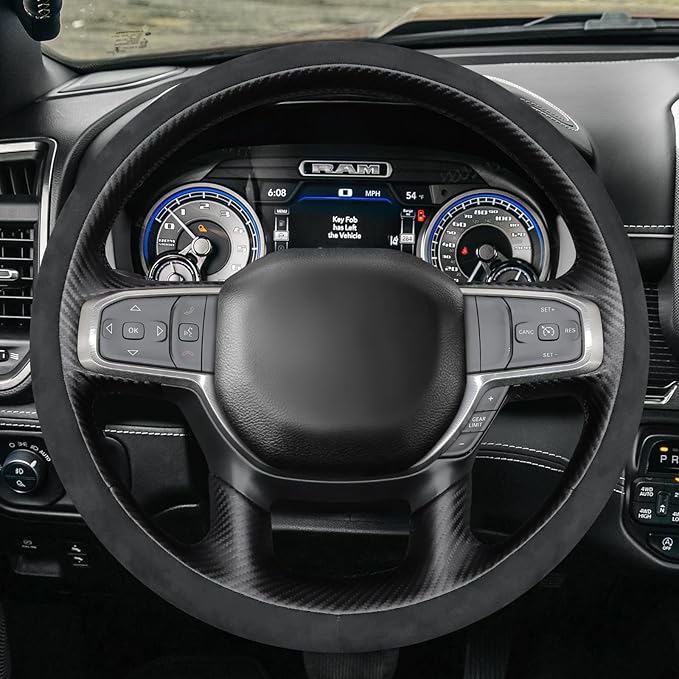 MEWANT Hand-Stitched Steering Wheel Cover Wrap for Dodge Ram 1500 2019-2023 Steering Wheel Accessories for Dodge Ram(Backsides Without Buttons)