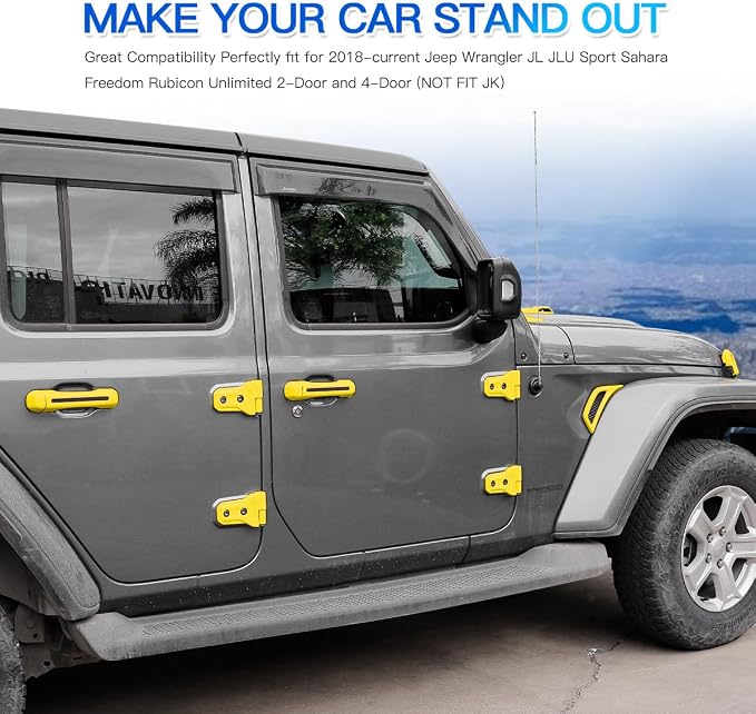 Barong for Jeep Wrangler JL JLU 2018-2025 Accessories Exterior Decoration Door Hinge Handle Engine Hood Hinge Hood Latch Wheel Eyebrow Side Air Outlet Rear Window Hinge Cover 26PCS Full Set(Yellow)