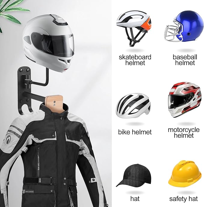Motorcycle Helmet Rack Wall Mount 180 Degree Rotation Metal Bike Helmet Holder Mount Bicycle Helmet Display Hanger Stand with Wood Hanger & 2 Hooks for Motorcycle Bike Baseball Rugby Helmet - 2 Pack