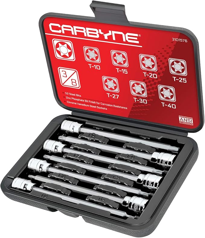 CARBYNE 7-Piece Torx Extra Long Bit Socket Set, T10 to T40, 3/8 in. Drive, S2 Steel Bits, CrV Sockets, Zinc Phosphate, 6.1 in. Length, Durable Case, Genuine Licensed Torx