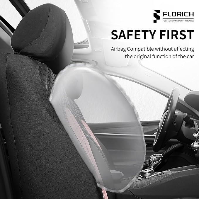 FLORICH Pink Car Seat Covers Full Set Leather Mesh Front and Rear Seat Cover Automotive Seat Cushion 5-Seat Driver Seat Covers Protector Universal Fit for Most Car SUV Sedan Truck, Black&Pink