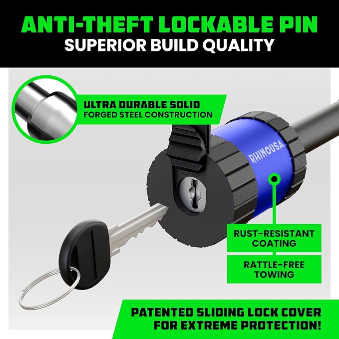 Rhino USA 2” Trailer Hitch Pin – Patented 5/8" Locking Receiver Pin for Class III/IV Hitches – Weatherproof, Anti-Theft, Debris-Protected – Tow Truck Ready – Blue 1PK