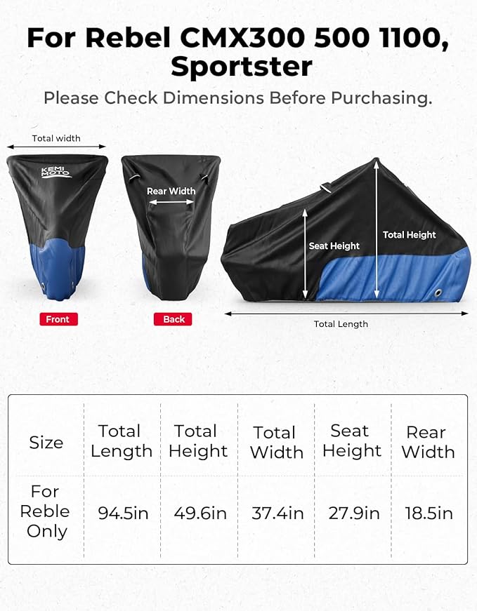 KEMIMOTO Heavy Duty 420D Motorcycle Cover Waterproof Compatible with Sportster Iron 883 Shadow Vulcan S Boulevard S40 Rebel 300 500 1100 Rain Snow Dust All Weather Cover with Lock Hole Storage Bag Fit