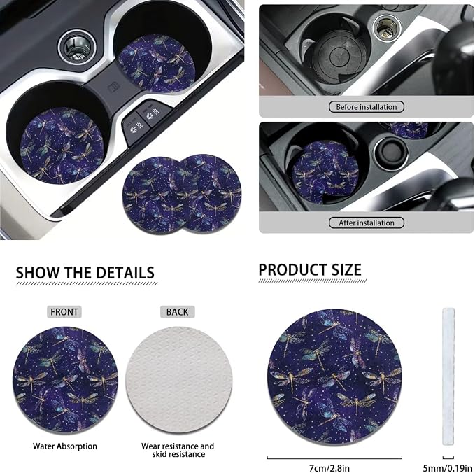 Dragonfly Steering Wheel and Car Seat Set with Coasters+Seatbelt Pads+Gear Lever Cover+Hand Brake Cover 11 Pack Universal Fit Most Vehicles Auto Accessories for Women