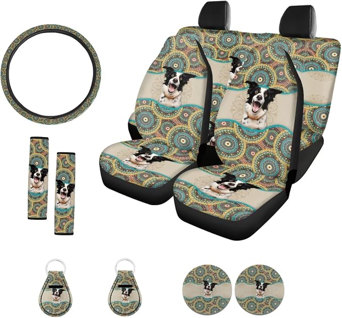 Suobstales Boho Mandala Print Car Seat Covers Full Set for Women Girly Border Collie Design Seat Cover Protector Auto Decorative with Steering Wheel Cover +Seat Belt Covers +Coasters +Keychains