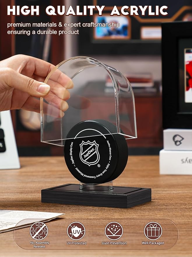 JupDec Hockey Puck and Collectibles Display Case, Premium Acrylic Clear Box Puck Holder with Mahogany Wood Base, Showcase for Autographed Souvenir Memorabilia, Collectible Figure Stand, Black