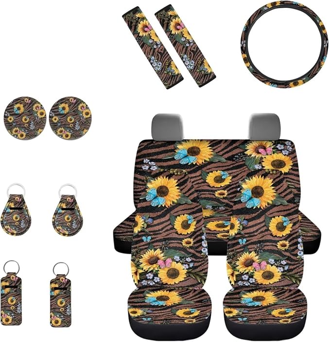 INSTANTARTS Sunflower Butterflies Car Front & Rear Bench Seat Protector Covers 13 Pieces Chapstick Holder Keychain with Seat Belt Pads Steering Wheel Cover Coasters Auto Accessories