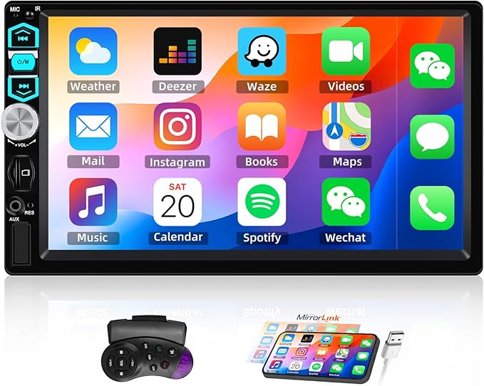 7 inch Touch Screen Double Din Car Stereo with Wired Mirror Link Bluetooth FM EQ Steering Wheel Control 7 Color Light