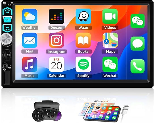 7 inch Touch Screen Double Din Car Stereo with Wired Mirror Link Bluetooth FM EQ Steering Wheel Control 7 Color Light