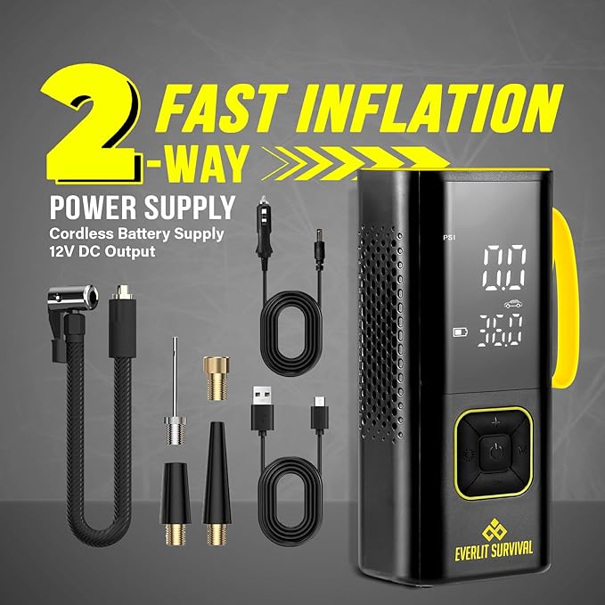 EVERLIT All-in-One Tire Repair Kit with Air Compressor – 150 PSI Portable Cordless Tire Inflator & Plug Kit – Flat Tire Emergency Roadside Kit for Car, SUV, Truck & Motorcycle Fast Repair & Inflation