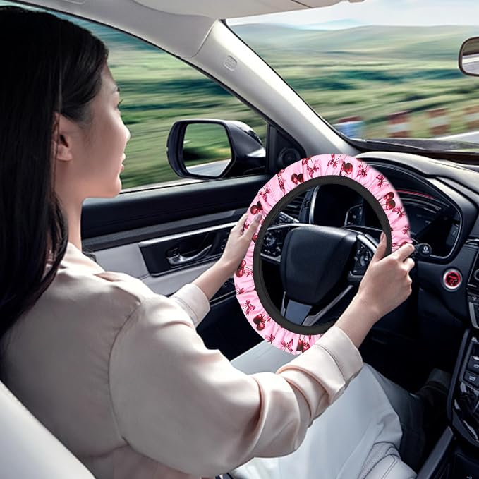23 Pcs Leopard Print Car Accessories,Including License Plate Frame,Rearview Mirror Decoration,Etc,Suitable for Sedan,SUV and Other,Cute Car Interior Set for Women (Pink Cherry)