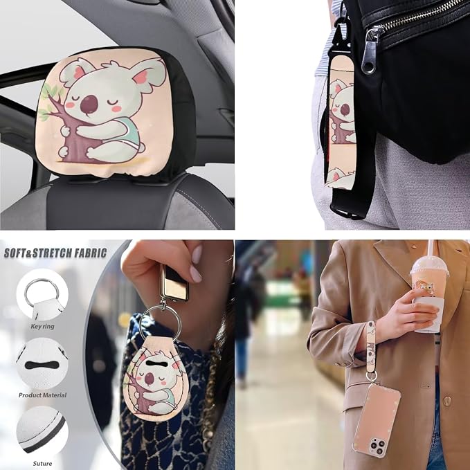 13 PCS Sleepy Koala Car Seat Covers for Women, Cartoon Koala Bear Auto Steering Wheel Cover, Australia Wildlife Animal Seat Belt Cover Armrest Pad Universal for Cars