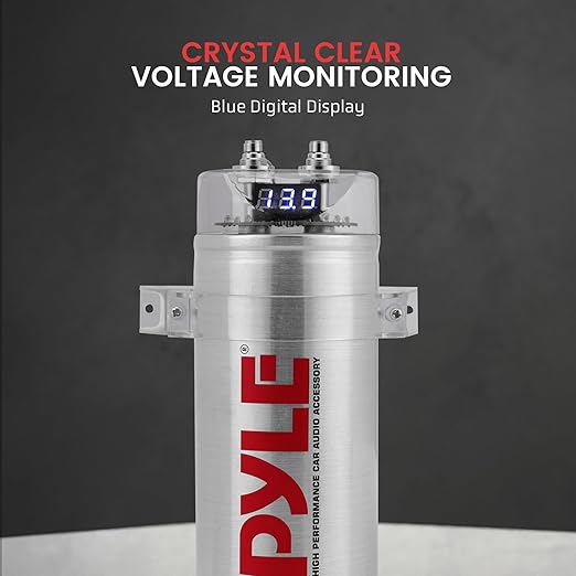 Pyle 6.0 Farad Digital Power Capacitor - High-Performance Car Audio Accessory with Blue Digital Display Voltage Readout Over Voltage Protection Mounting Hardware DC 12-24V