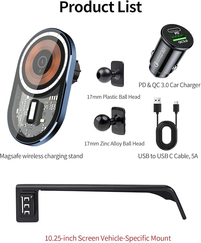 Wireless Charging Car Phone Holder for BMW 3 Series 2019-2022/4 Series 2021-2023/2 Series 2022-2024, 10.25" Screen Fixed Clip, 360° Rotation Car Phone Mount Compatible with MagSafe