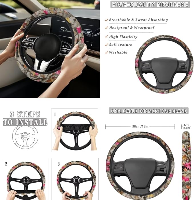 8 Pcs Camo Maple Leaves Car Seat Covers Full Set Car Accessories for Women Front Seat Cover Steering Wheel Armrest Cover Seat Belt Cover for Auto SUV Interior Decoration