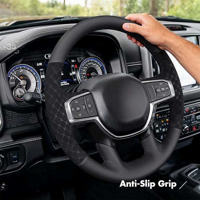 MEWANT Hand-Stitched Steering Wheel Cover Wrap for Dodge Ram 1500 2019-2023 Steering Wheel Accessories for Dodge Ram(Backsides Without Buttons)