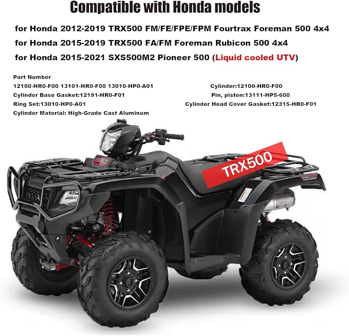 92mm Cylinder Piston Kit with Gaskets Compatible with TRX500 2012-2021 Foreman 500 4x4 Pioneer 500 UTV