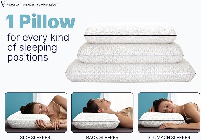 Vaverto Memory Foam Pillow 2-Pack – Cooling Gel-Infused Orthopedic Pillows for Neck and Shoulder Pain Relief, Firm Support with Removable Viscose Made from Bamboo Covers – Set of 2 Standard Size