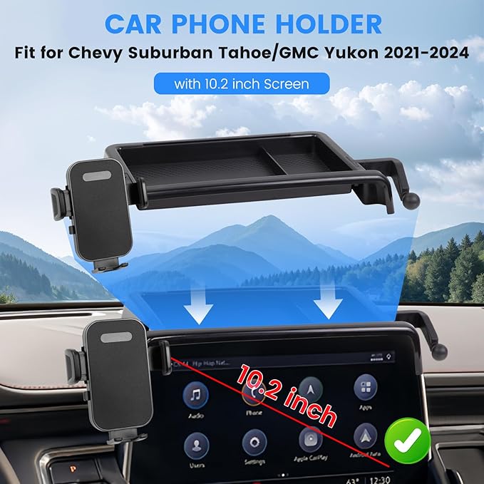 Car Phone Holder Compatible with Chevy Suburban Tahoe/GMC Yukon 2021-2024 Accessories 10.2-Inch Screen Fixed Clip, Cell Phone Mount with Dash Center Console Organizer Hands-Free 360° Rotation