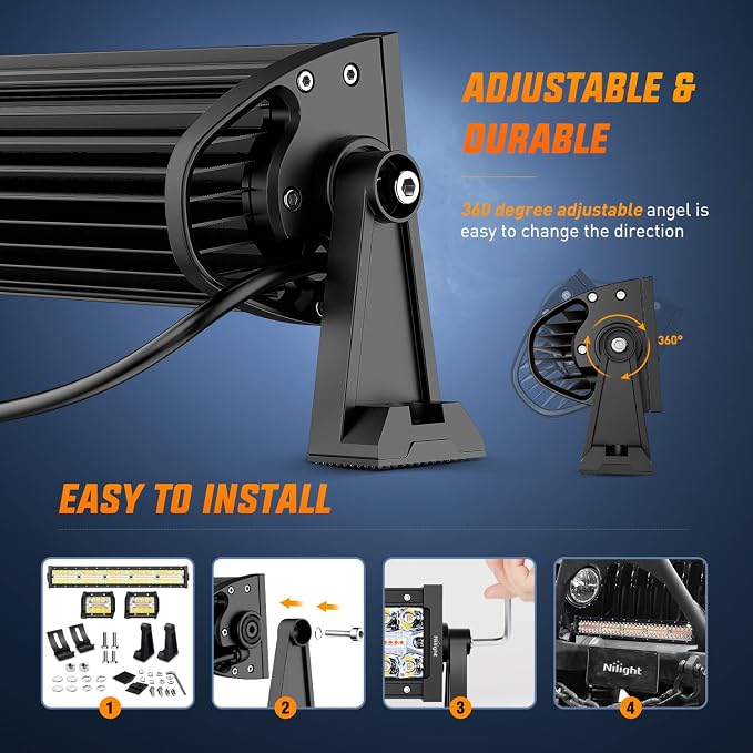 Nilight 22Inch 480W LED Light Bar 2PCS 4Inch 60W Light Pods Amber White Strobe 6 Modes Memory Function Reset Function Off Road Truck with 16AWG Wiring Harness Kit-3 Leads