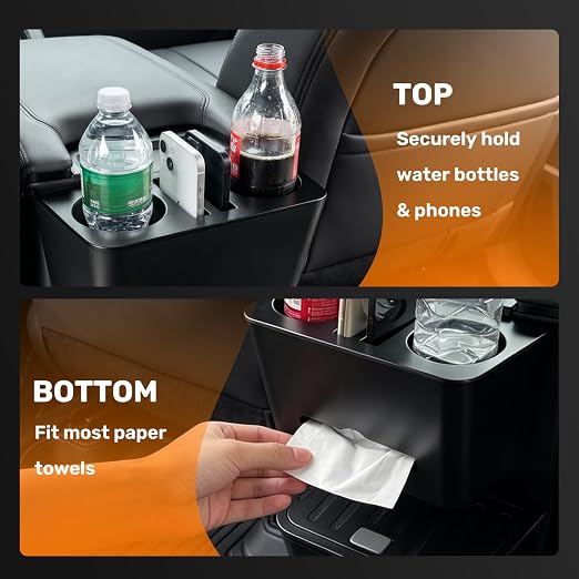 Cup Holder Paper Drawer Storage Box for 2021-2025 Toyota Sienna LE/XSE/XLE/Limited/Woodland Center Console Rear Garbage Can w/Lid Vehicle Interior Storage Organizer Interior Accessories Black