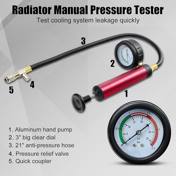 Coolant Pressure Tester Kit, Manual Pump Radiator Pressure Tester and Adapters Work on Cooling System Leak Down Test for Cars Motorcycles Trucks Airlifts, 14PCS Automotive Tools Red