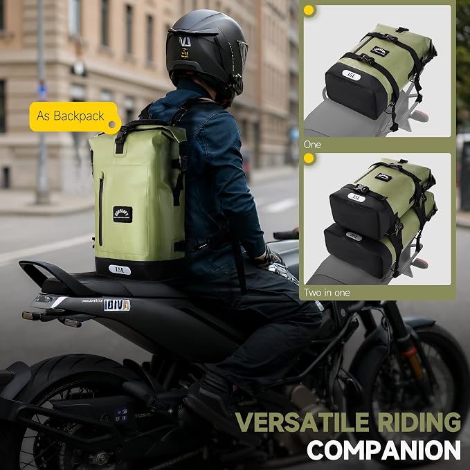 Motorcycle Saddle Bag, 15L Waterproof Motorcycle Tail Bag, PVC Bag | 2 Size and 3 Color Options Travel Bag, Rear Seat Bag, Backpack Field Green GT-15GN