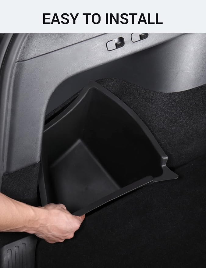 BASENOR 2020 2021 Tesla Model Y Trunk Organizer, (Proprietary Design) Waterproof Rear Trunk Storage Bins Side Box with Carpeted Lip Interior Accessories Set of 2 for 5-Seater