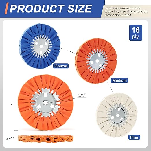 Airway Buffing Wheel Kit 8in Extra Thick 16Ply, 5/8in Arbor Hole Aluminum Wheel Polishing kit 3pcs (1* Coarse & 1*Medium & 1*Fine) for Angle Grinder Metal Automotive Body Rim Polishing