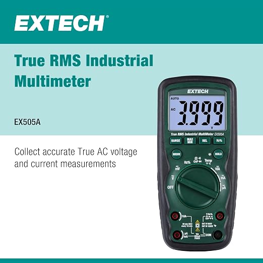 Extech EX505A Heavy Duty True RMS Multimeter (6000 Count) | AC/DC to 1000V, current, resistance, capacitance, frequency, Type K, IP67, 2m drop, magnetic strap