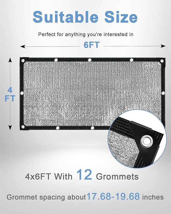 vensovo 95% Aluminum Shade Cloth - Reflective Aluminium Shade Netting Sun Shade Cover with Grommets for Cars, Dogs, Outdoor, RV, Patio (4x6FT)