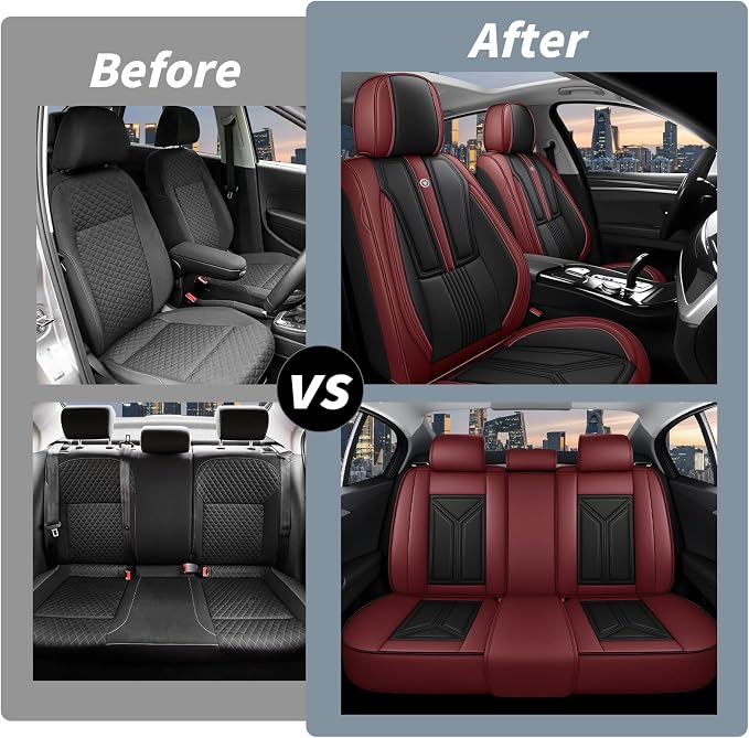 Arazi Fit for 98% of Mazda Seat Covers, 360° Full Wrap Original Seat Cover, Waterproof Nappa Leather Seat Covers with Big Space Storage Pocket Seat Protector（5 Seats Standard, Black&Red）