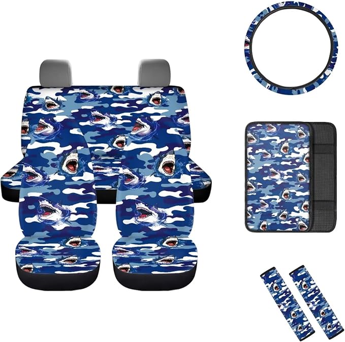 Mumeson Shark Car Seat Covers with 2 Pcs Seat Belt Shoulder Pads + Soft Rubber Steering Wheel Cover + Armrest Cushion Pad of Car Full Set of 8 Pack Car Decor Set