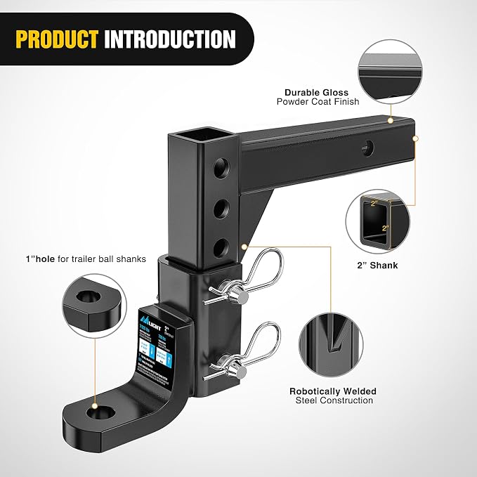 Nilight 8-Position Adjustable Trailer Hitch Ball Mount Fits 2 Inch Receiver with 5/8" Pin Lock 7500 lbs 9-1/2" Drop 8-1/4" Rise 1" Hole Hitch for Trailers Boats Pickups RV
