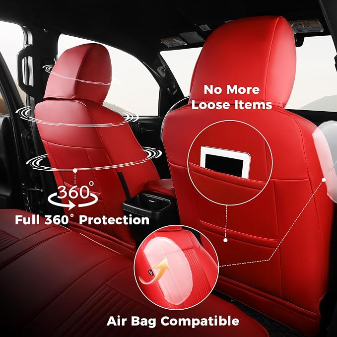 FREESOO Leather Car Seat Covers Fit for Toyota Tacoma 2016-2023 Full Coverage Seat Cover for Double/Crew Cab SR/SR5/Limited/TRD Pro/TRD Sport, Pickup Truck Seat Covers (5 Seats, Red)