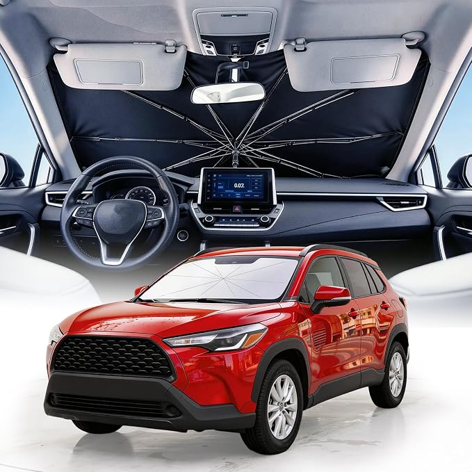 Weektic Custom Windshield Sun Shade Umbrella for Toyota Corolla Cross 2022-2026, [Double Thickened Ice Crystal Coating] Sun & Heat Protection, Keep Vehicle Cool & Protect Interior