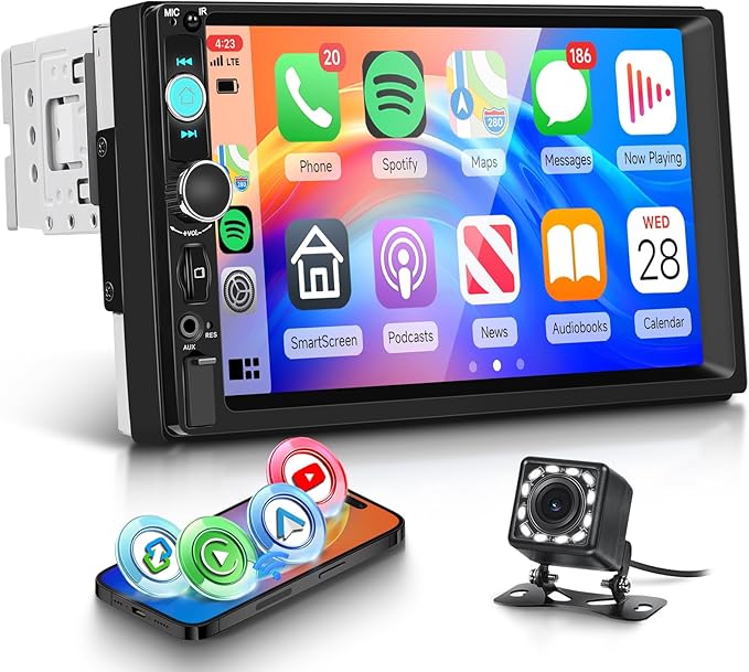 Single Din Car Stereo with Wireless Carplay Android Auto You-Tube, 7" IPS Touch Screen Car Radio 1 Din with Backup Camera Car Audio Receiver Support Mirror Link Bluetooth FM USB EQ SWC