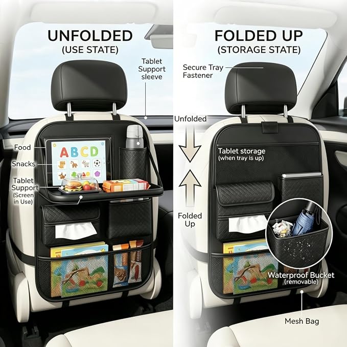 Premium PU Leather Car Seat Back Organizer with Foldable Tray & Transparent Touch Screen Tablet Pouch, Travel Accessories with Storage Bin, Cup Holder, Tissue Pocket, Hook, Fit SUV Sedan Truck (Black)